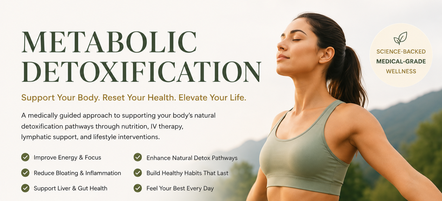 A woman with closed eyes practicing yoga outdoors with mountains in the background, promoting a product for metabolic detoxification.