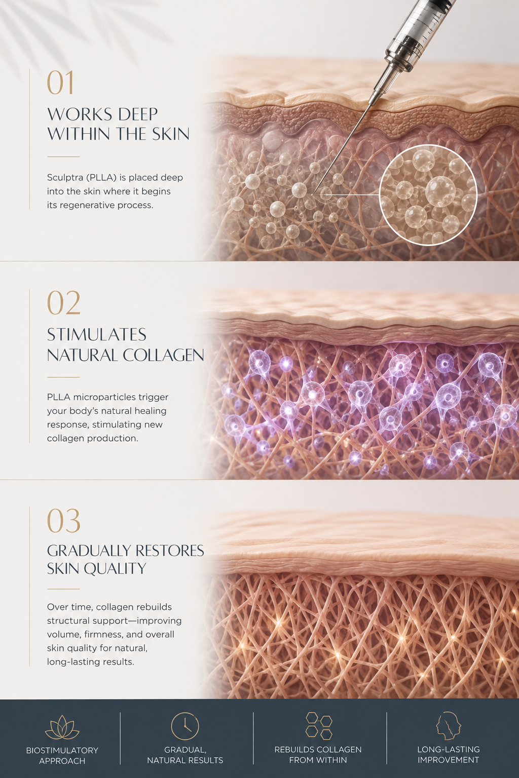 Diagram illustrating the process of skin regeneration with injectable filler. It shows a cross-section of skin with molecular structures representing deep skin work, collagen stimulation, and skin quality restoration.