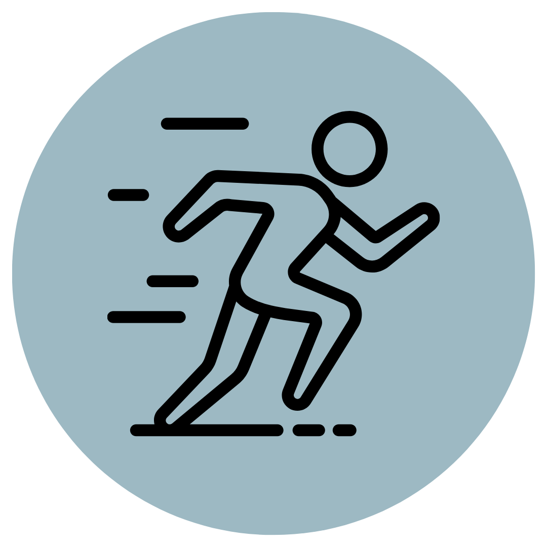 Line drawing of a person running, with motion lines indicating speed, on a light blue circular background.