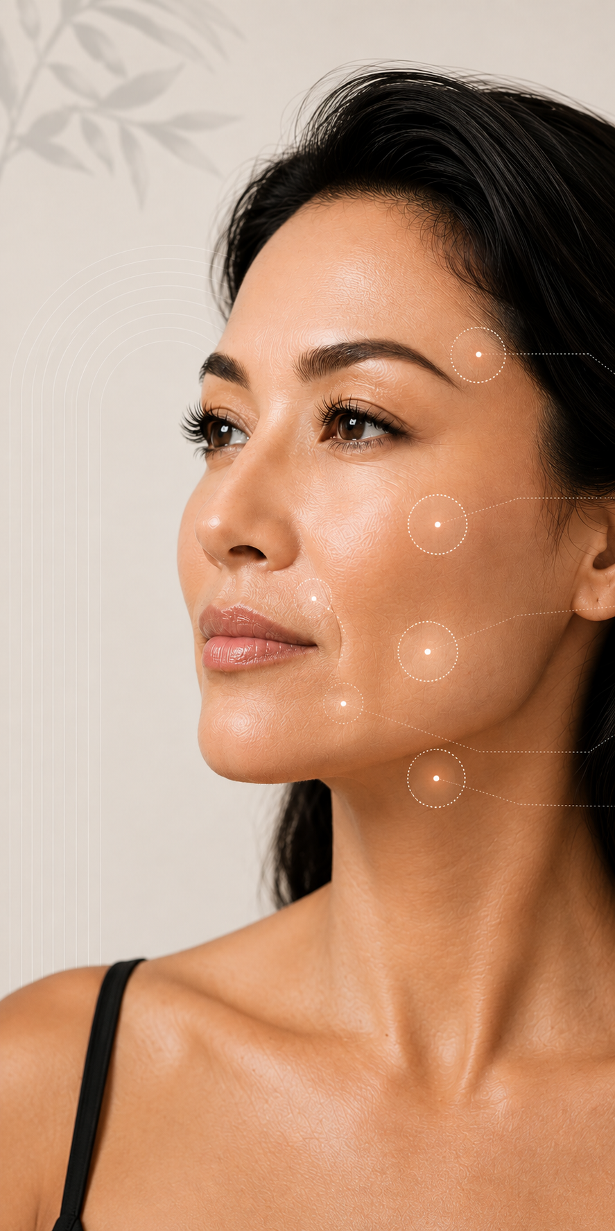 A close-up photo of a woman with clear skin, dark hair, and makeup. Overlayed are five dots connected by lines, indicating points of interest on her face.