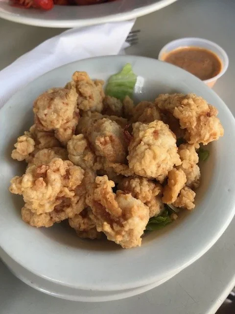 A plate of crispy fried alligator bites served with dipping sauce, a classic New Orleans appetizer.
