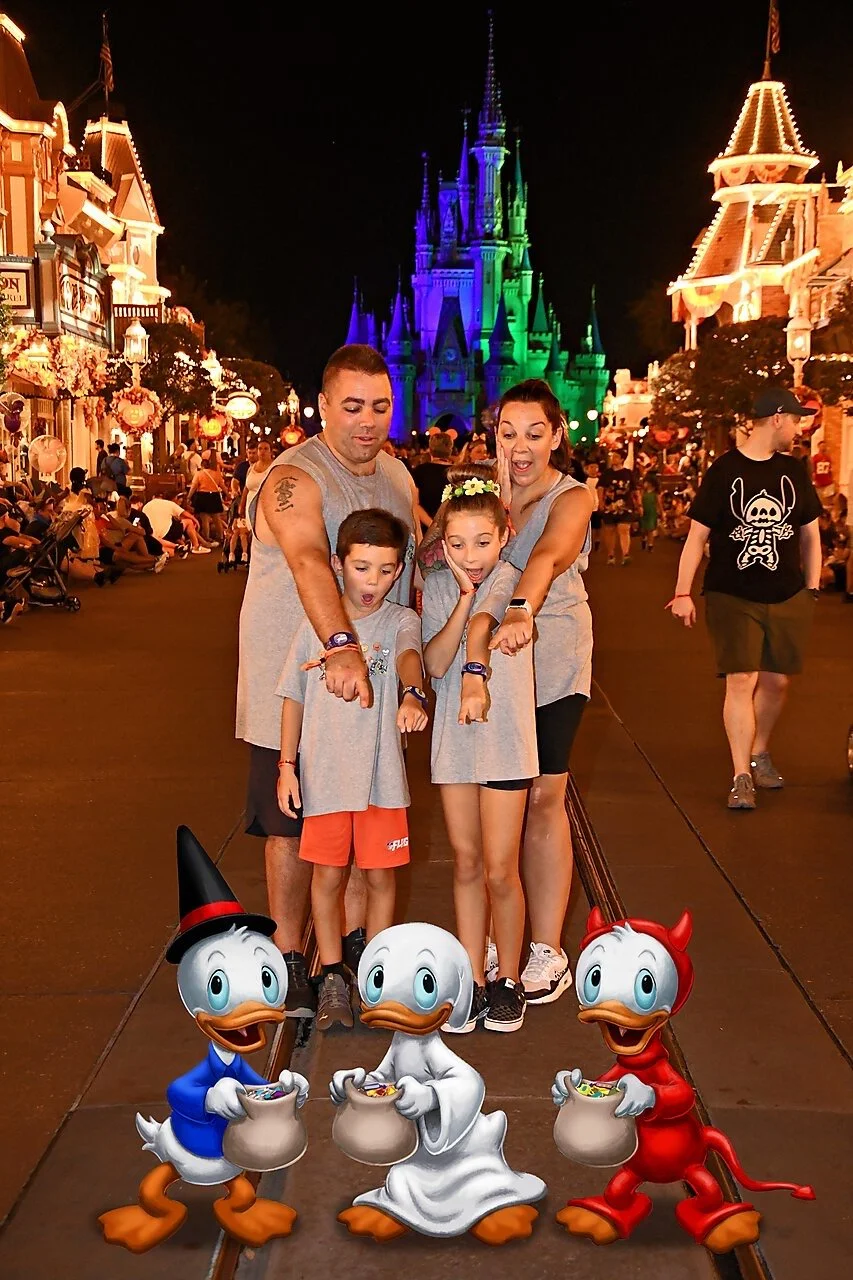 Darcy Roy's family on Main Street, U.S.A. at night with Cinderella Castle lit up and a Halloween trick-or-treat photo overlay.