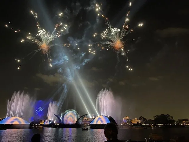 fireworks over a lagoon