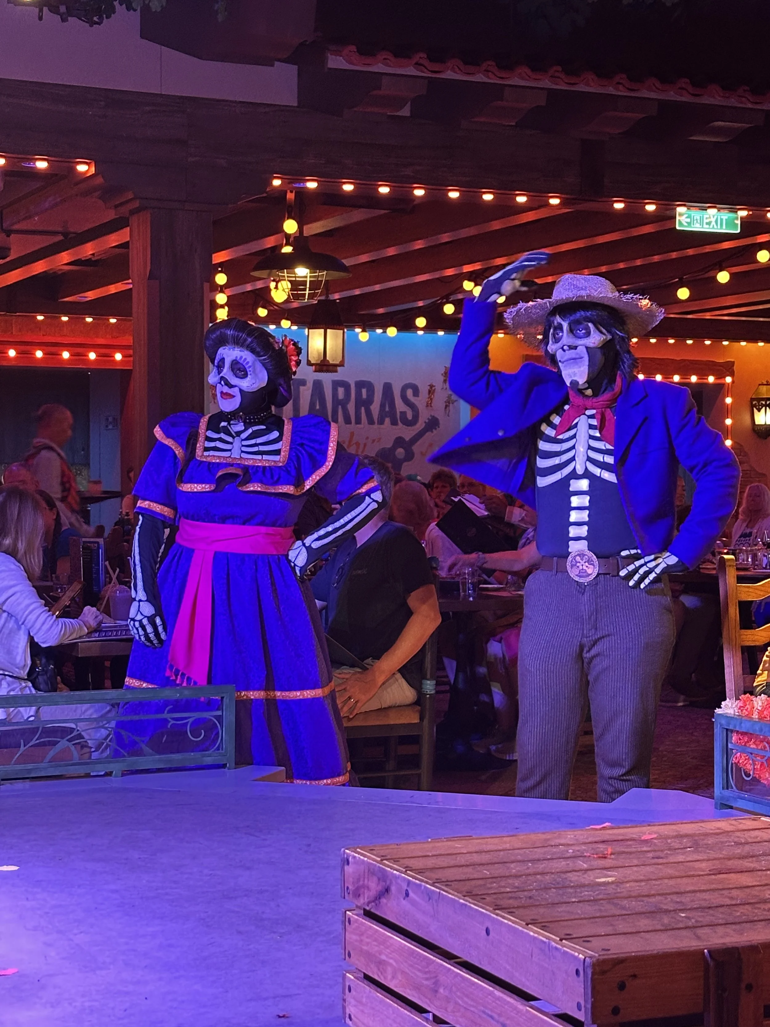 two skeletons wearing blue outfits