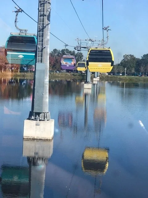 yellow, purple, and teal skyliner gondolas over the water