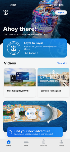 Screenshot of the Royal Caribbean app home screen, the tool that handles check-in, boarding passes, and dining reservations before you sail.