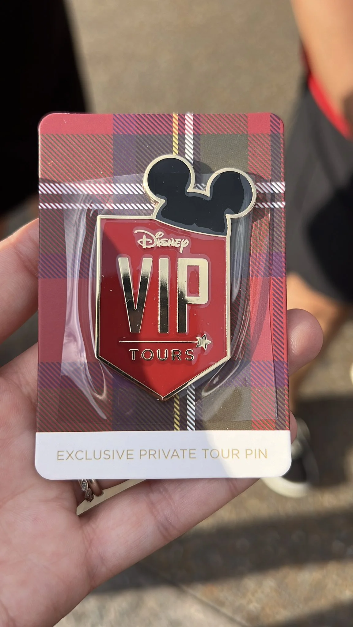a pin on a red background, on the pin it says disney VIP tours with a Mickey Mouse ears hat on the side