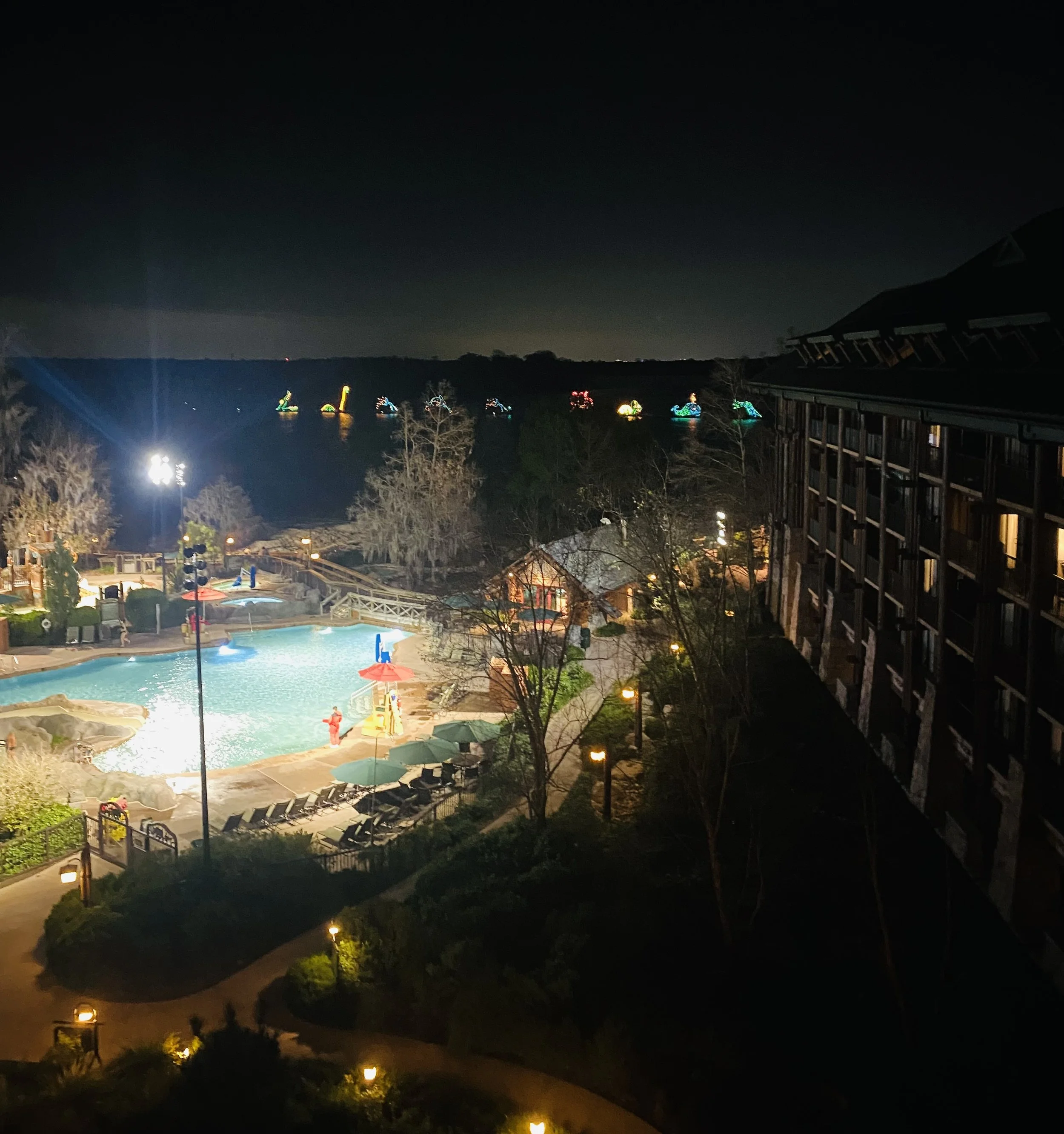 Wilderness Lodge Electrical Water Pageant and Pool at Night