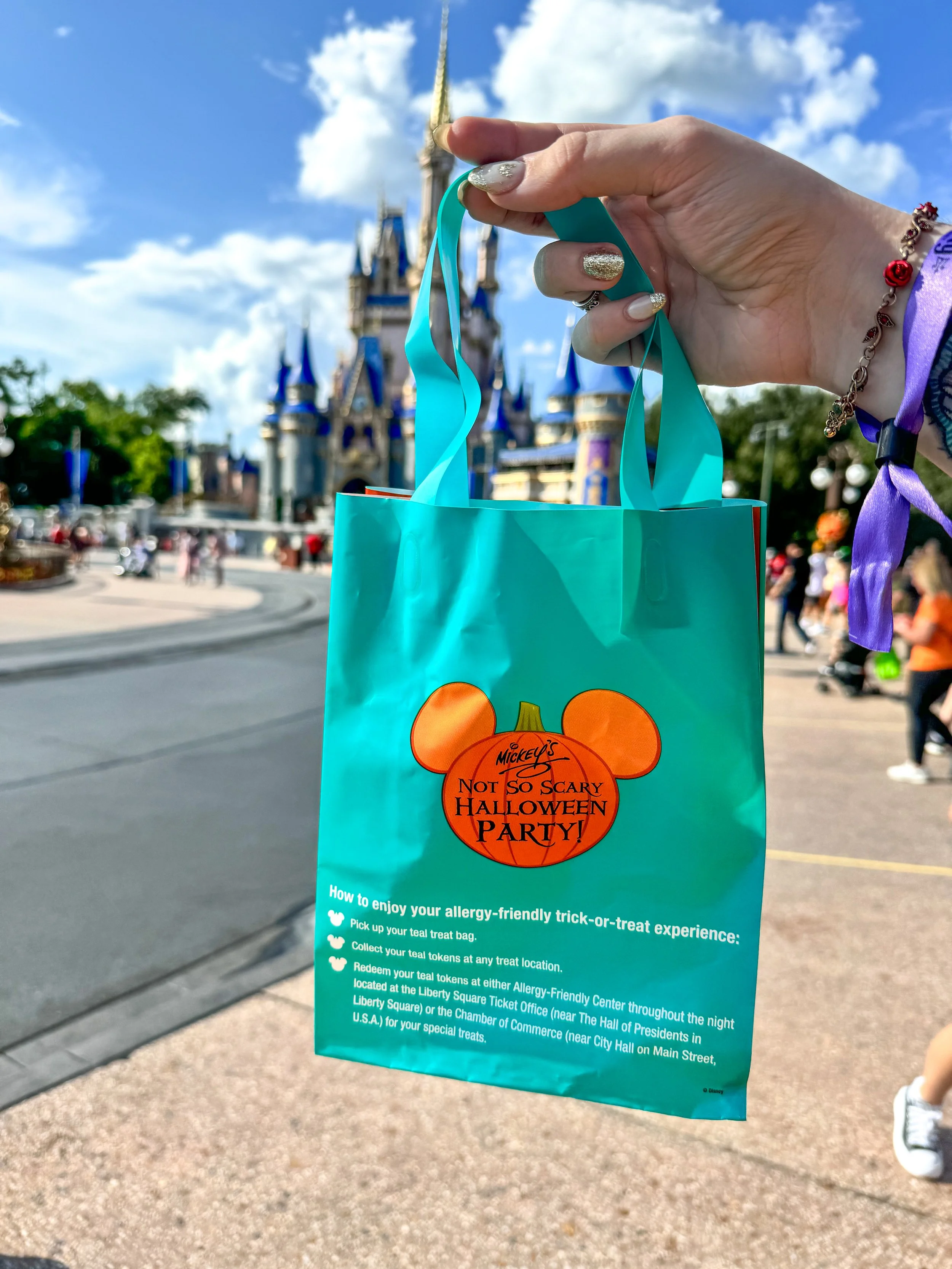 a person holding a blue bag infront of a castle