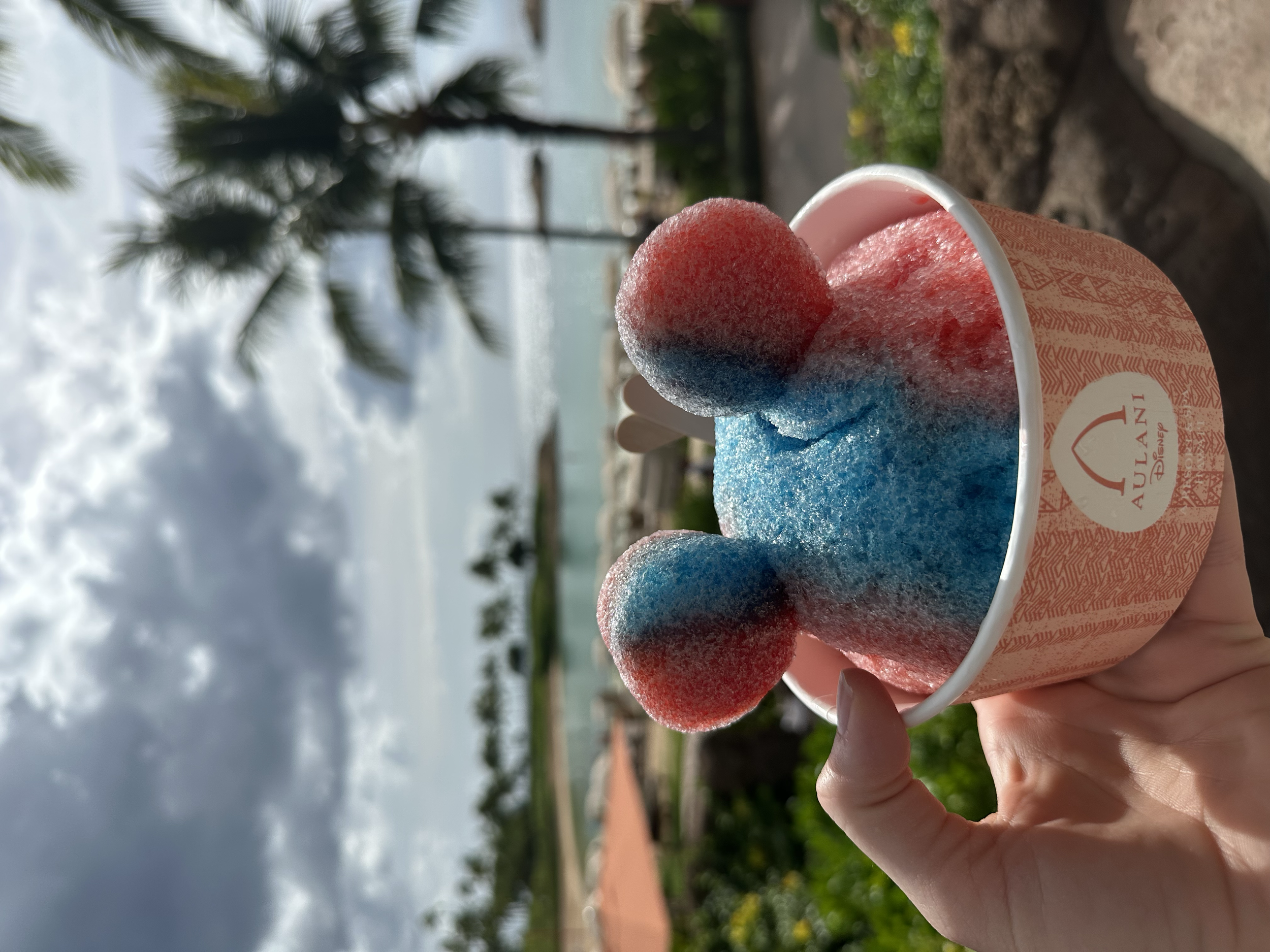 a blue and red snow cone in the shape of a mickey head