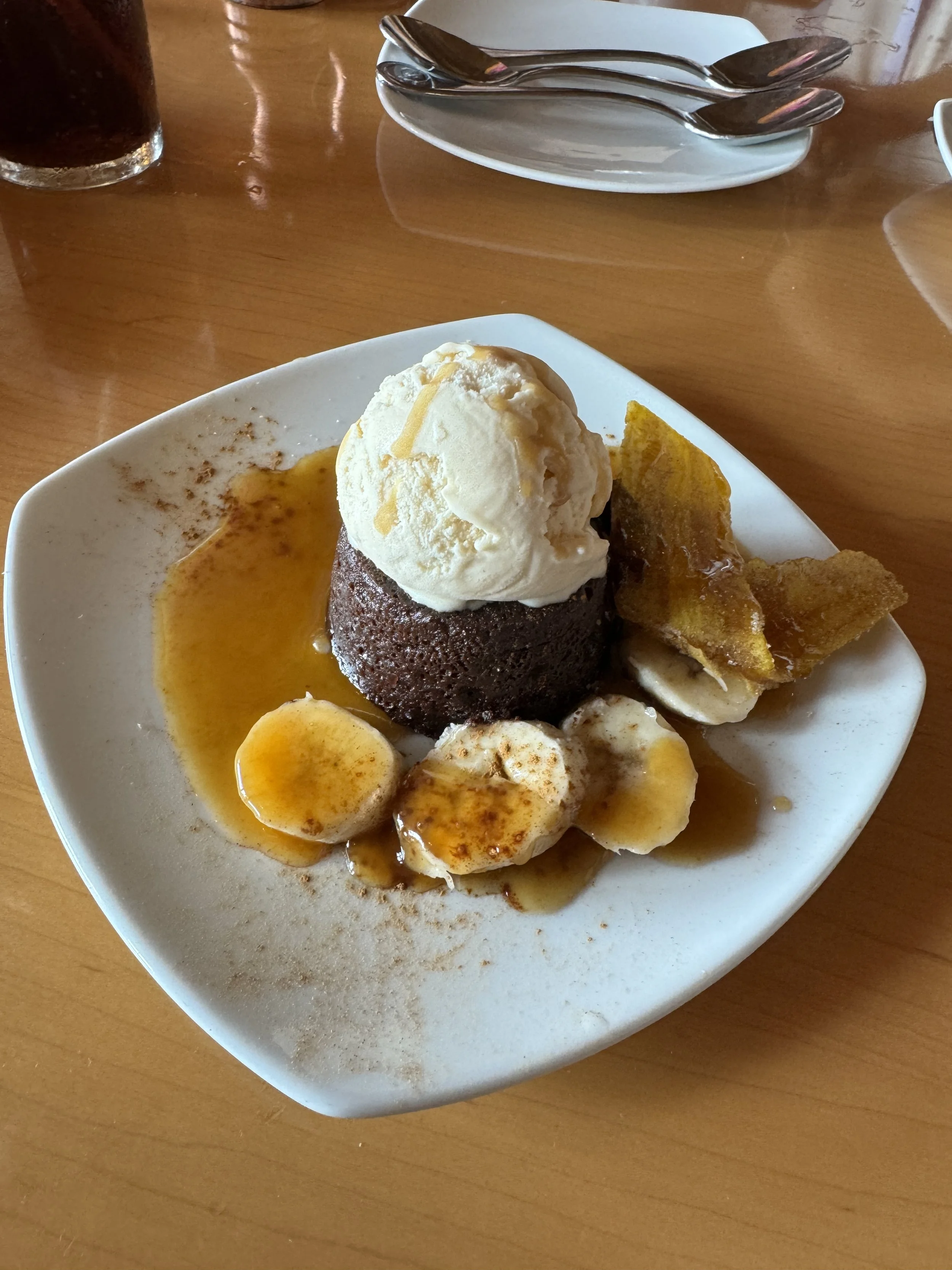 chocolate cake topped with ice cream and Carmel and bananas on the side