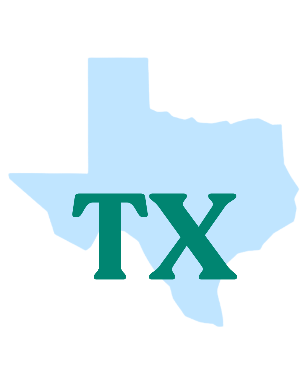Online therapy available in Texas. Graphic shows a light blue map of Texas with large dark green letters “TX” over the state.