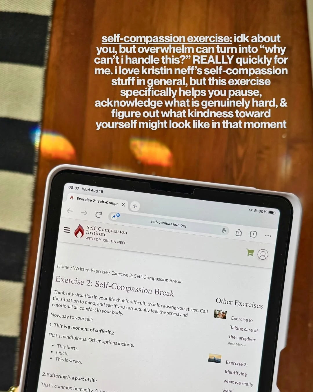 iPad open to Dr. Kristin Neff's Self-Compassion Break exercise