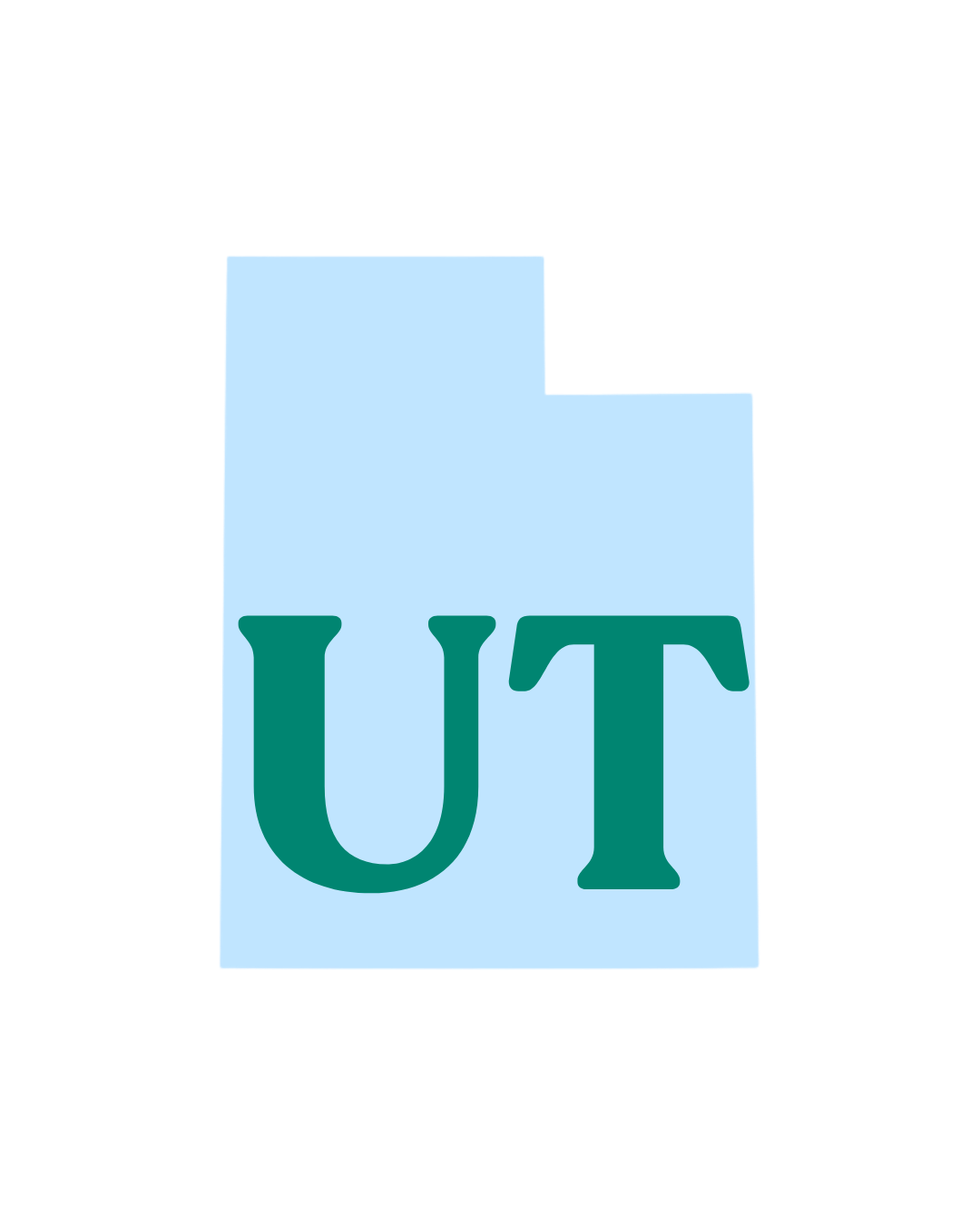 Online therapy available in Utah. Graphic shows a light blue map of Utah with large dark green letters “UT” over the state.