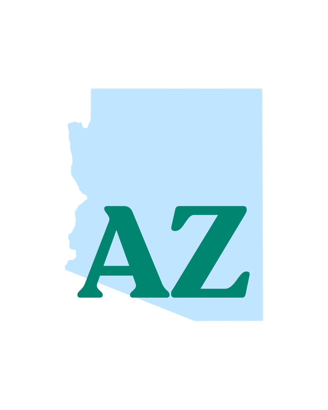 Online therapy available in Arizona. Graphic shows a light blue map of Arizona with large dark green letters “AZ” over the state.