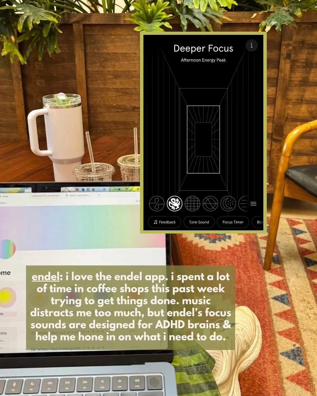 The Endel app's Deeper Focus soundscape open on a phone at a coffee shop