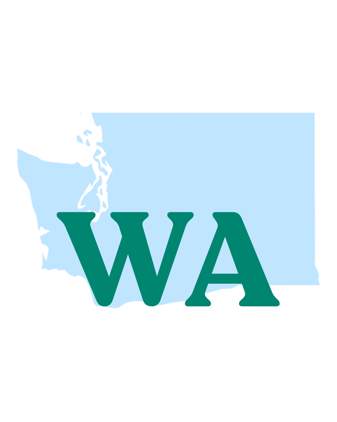 Online therapy available in Washington. Graphic shows a light blue map of Washington with large dark green letters “WA” over the state.