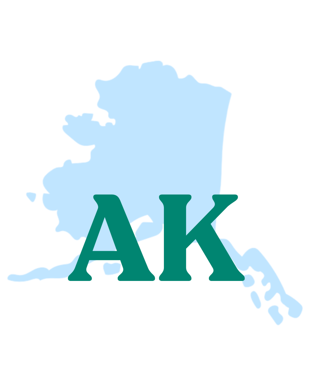Online therapy available in Alaska. Graphic shows a light blue map of Alaska with large dark green letters “AK” over the state.