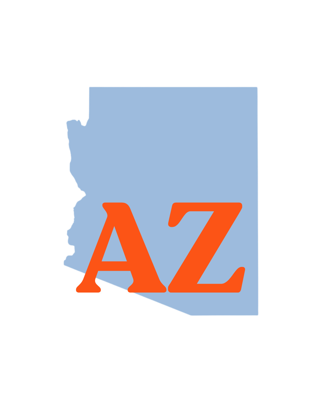 Online therapy available in Arizona. Graphic shows a light blue map of Arizona with large red letters “AZ” over the state.
