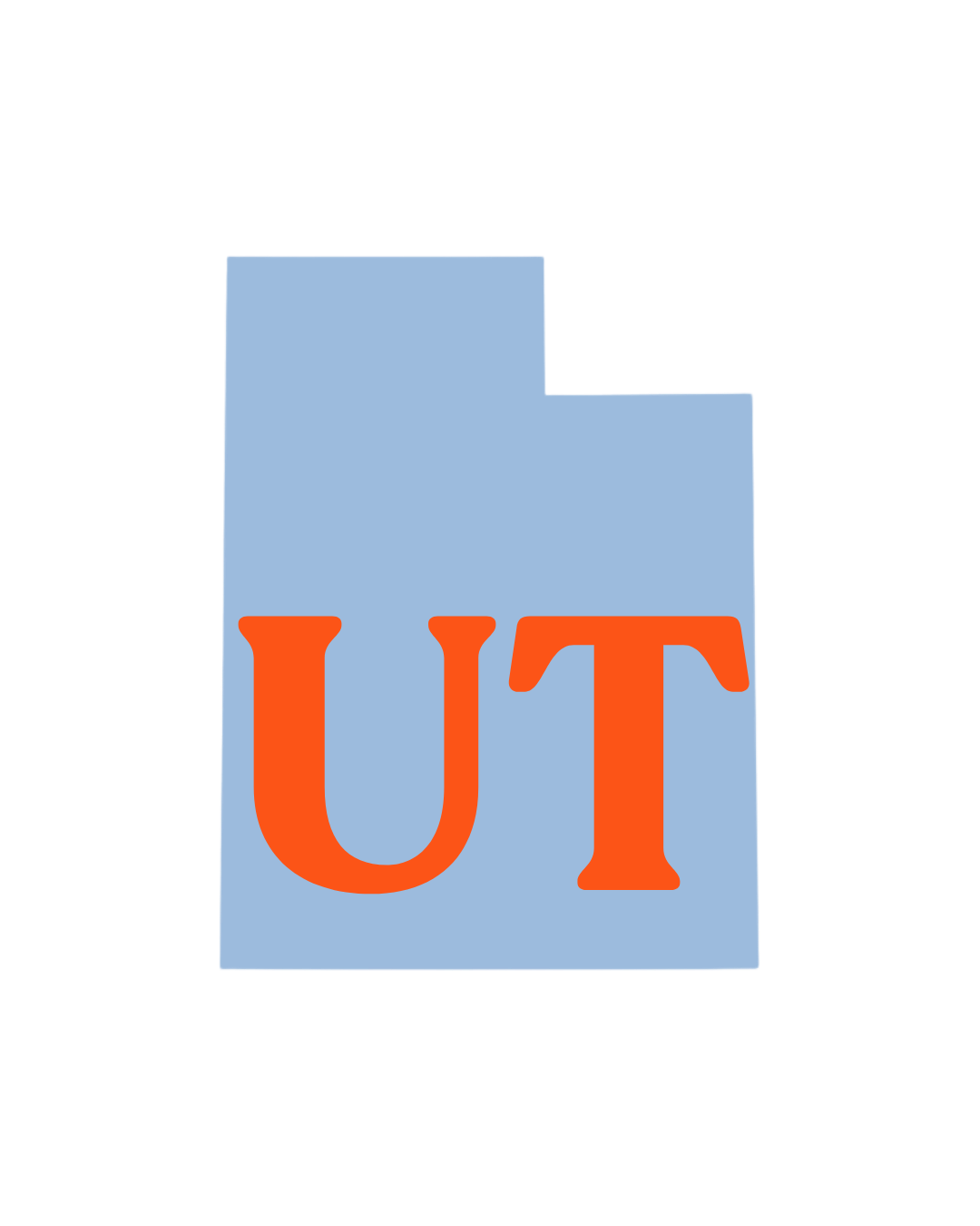 Online therapy available in Utah. Graphic shows a light blue map of Utah with large red letters “UT” over the state.