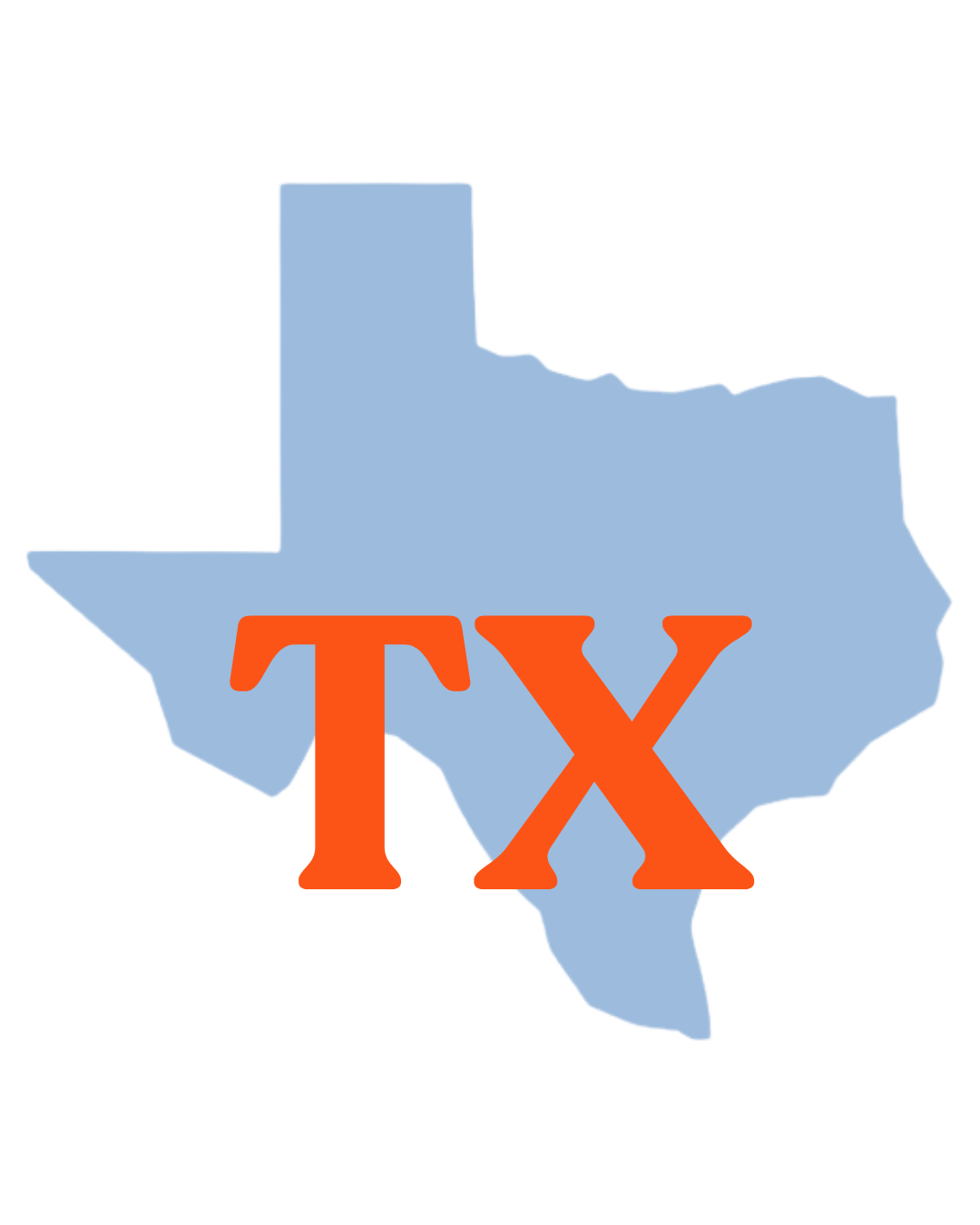 Online therapy available in Texas. Graphic shows a light blue map of Texas with large red letters “TX” over the state.