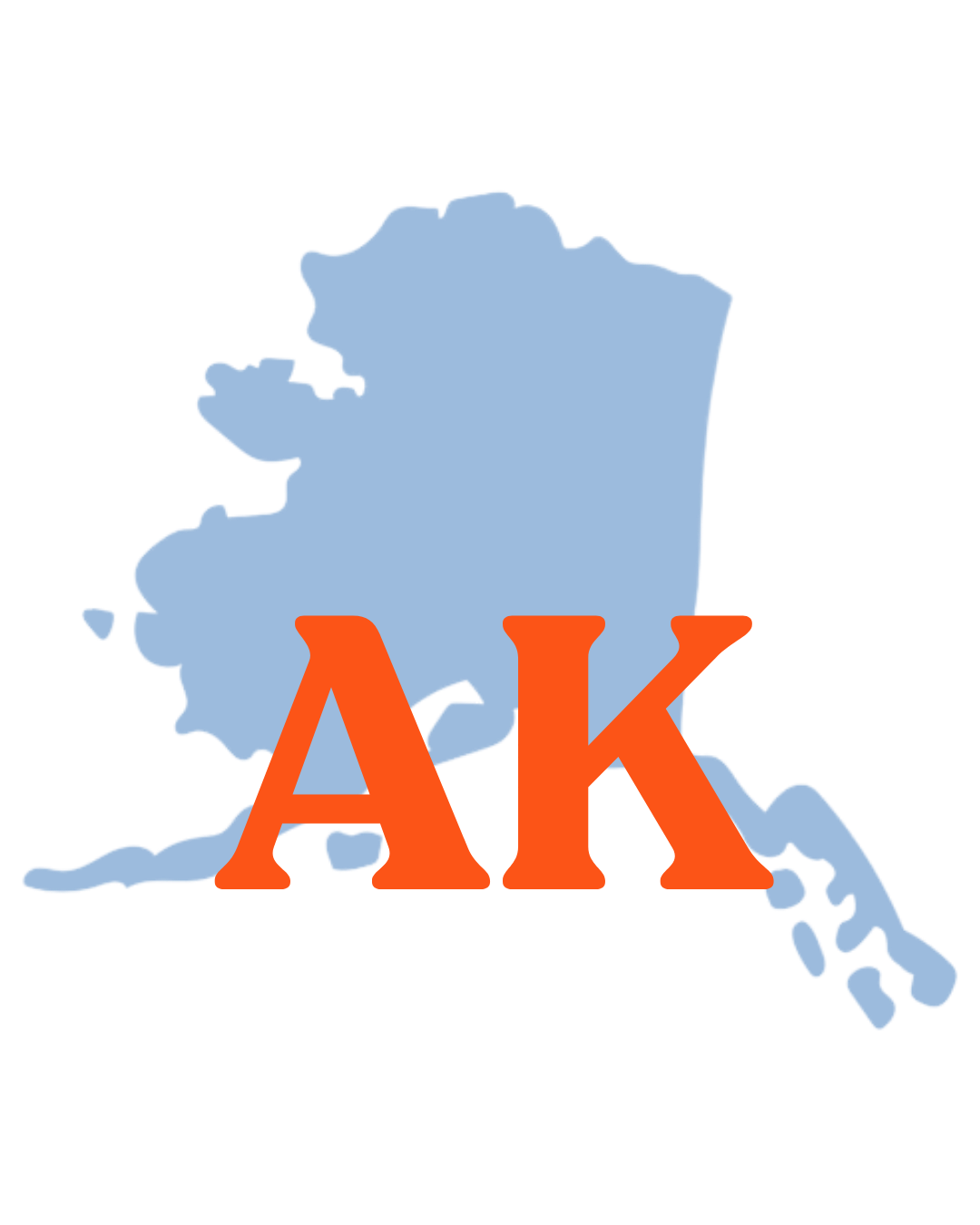 Online therapy available in Alaska. Graphic shows a light blue map of Alaska with large red letters “AK” over the state.