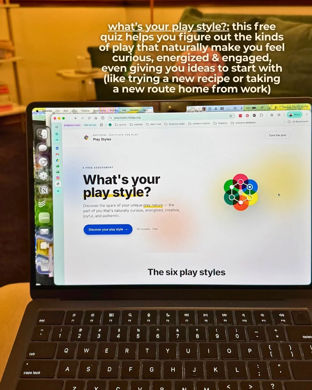 Laptop open to the National Institute for Play's What's Your Play Style quiz