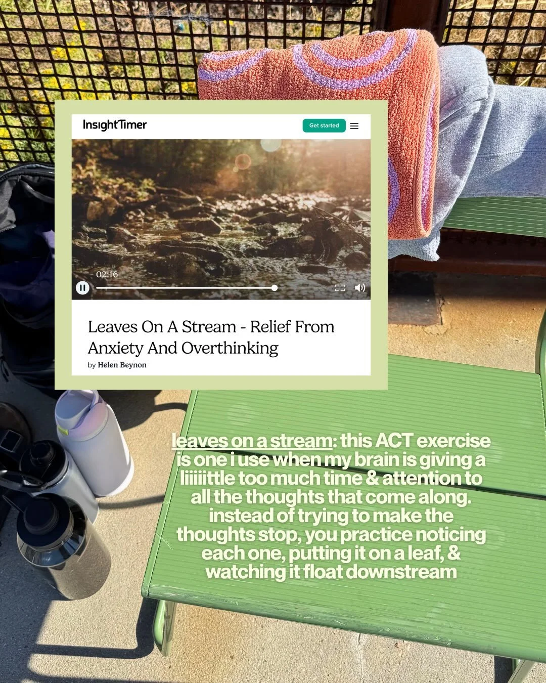 Insight Timer's Leaves On A Stream guided meditation over a photo of a green patio table