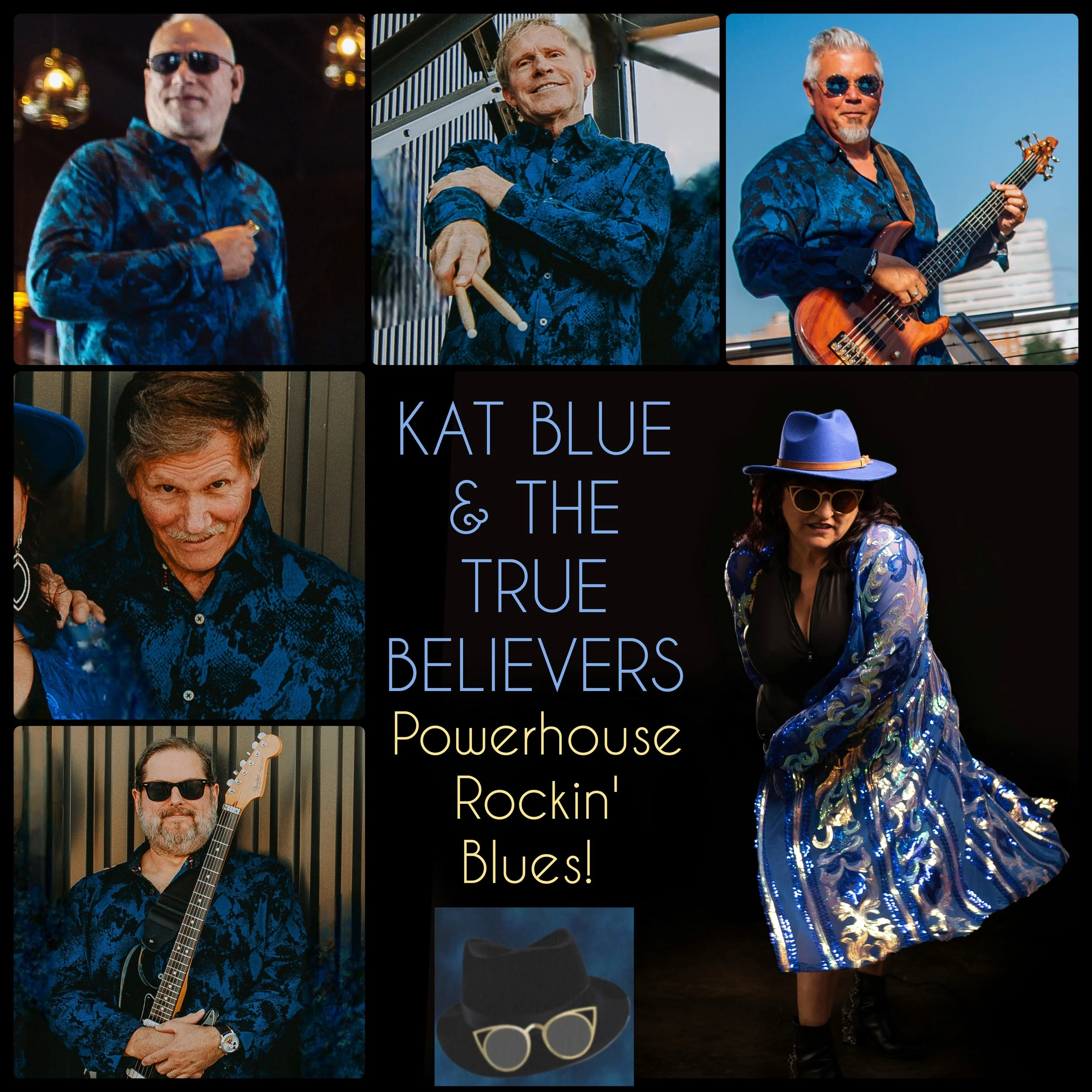 Collage of five photos of band members of Kat Blue & The True Believers, wearing blue and black patterned clothing, with instruments and accessories, along with the band name and genre text.