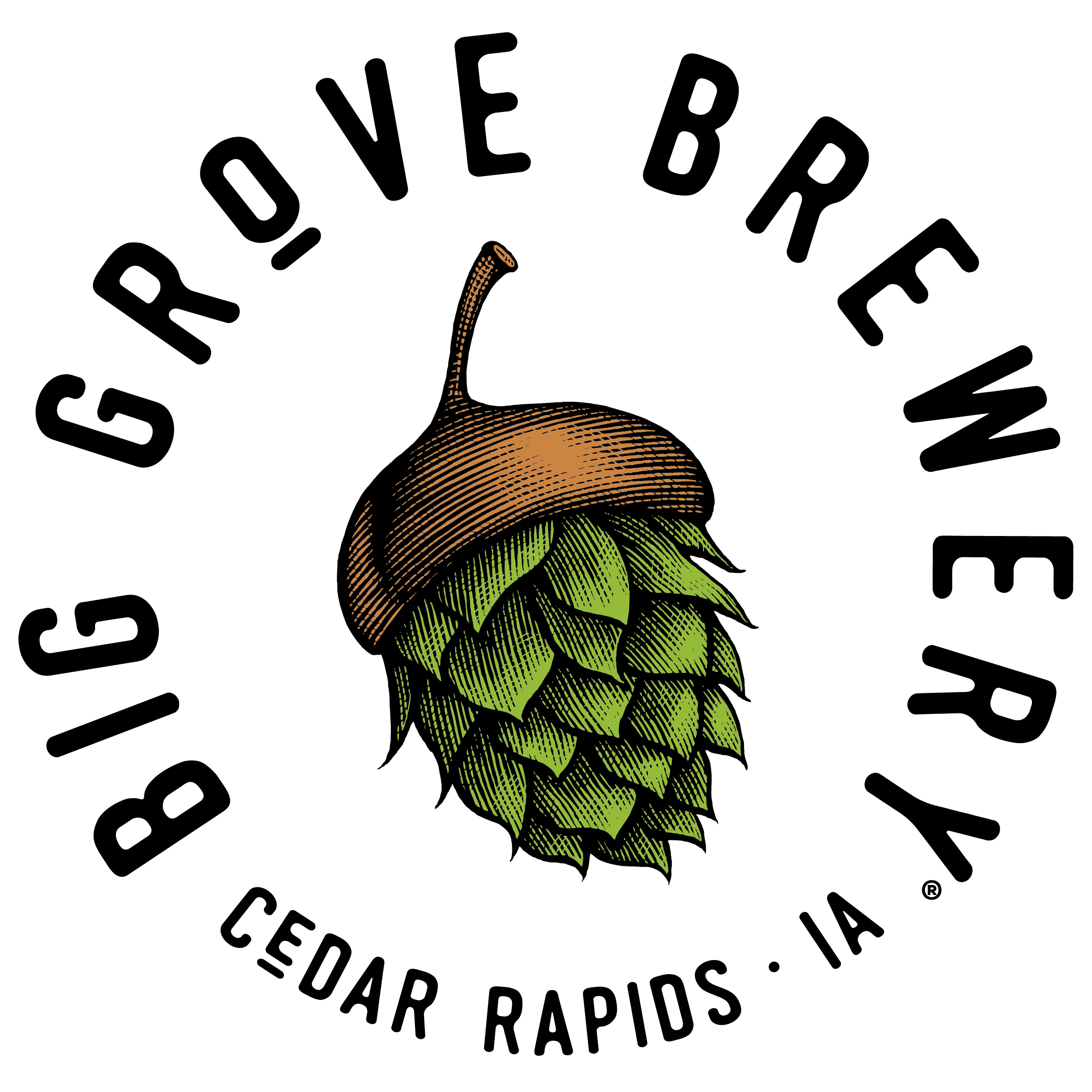 Logo for Big Grove Brewery featuring an illustration of a hop cone with a brown cap and green scales on a black background.