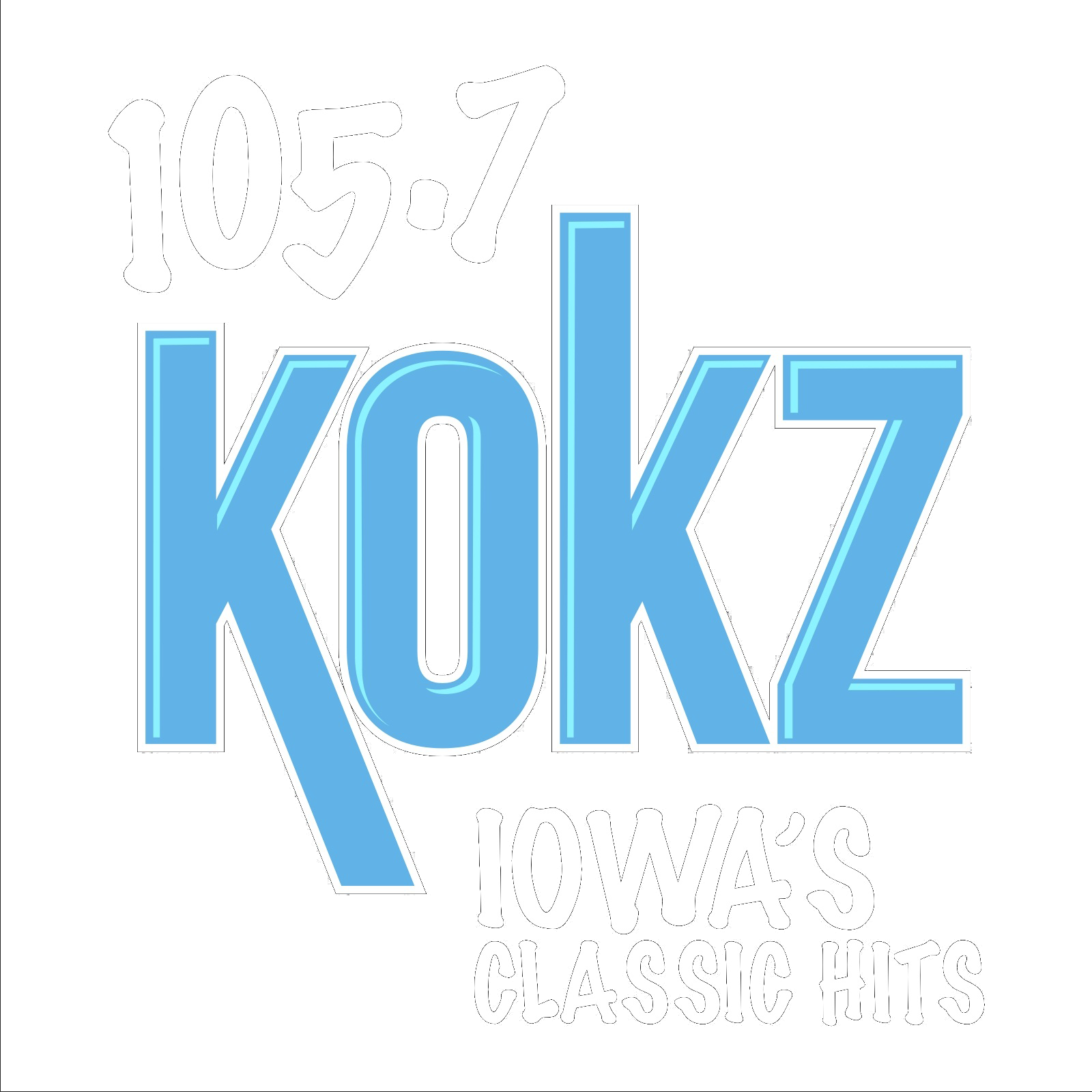 Logo for KOKZ Iowa's Classic Hits, featuring the radio station frequency 105.7, with bold blue and white text on a black background.