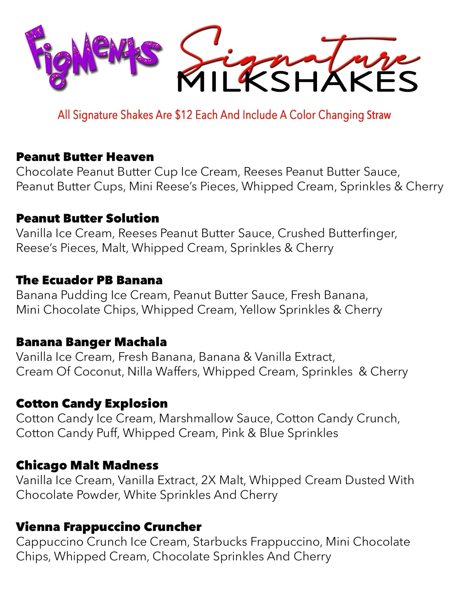 Milkshake Menu — Figments In Sprinkles, Ice Cream Left To Imagination