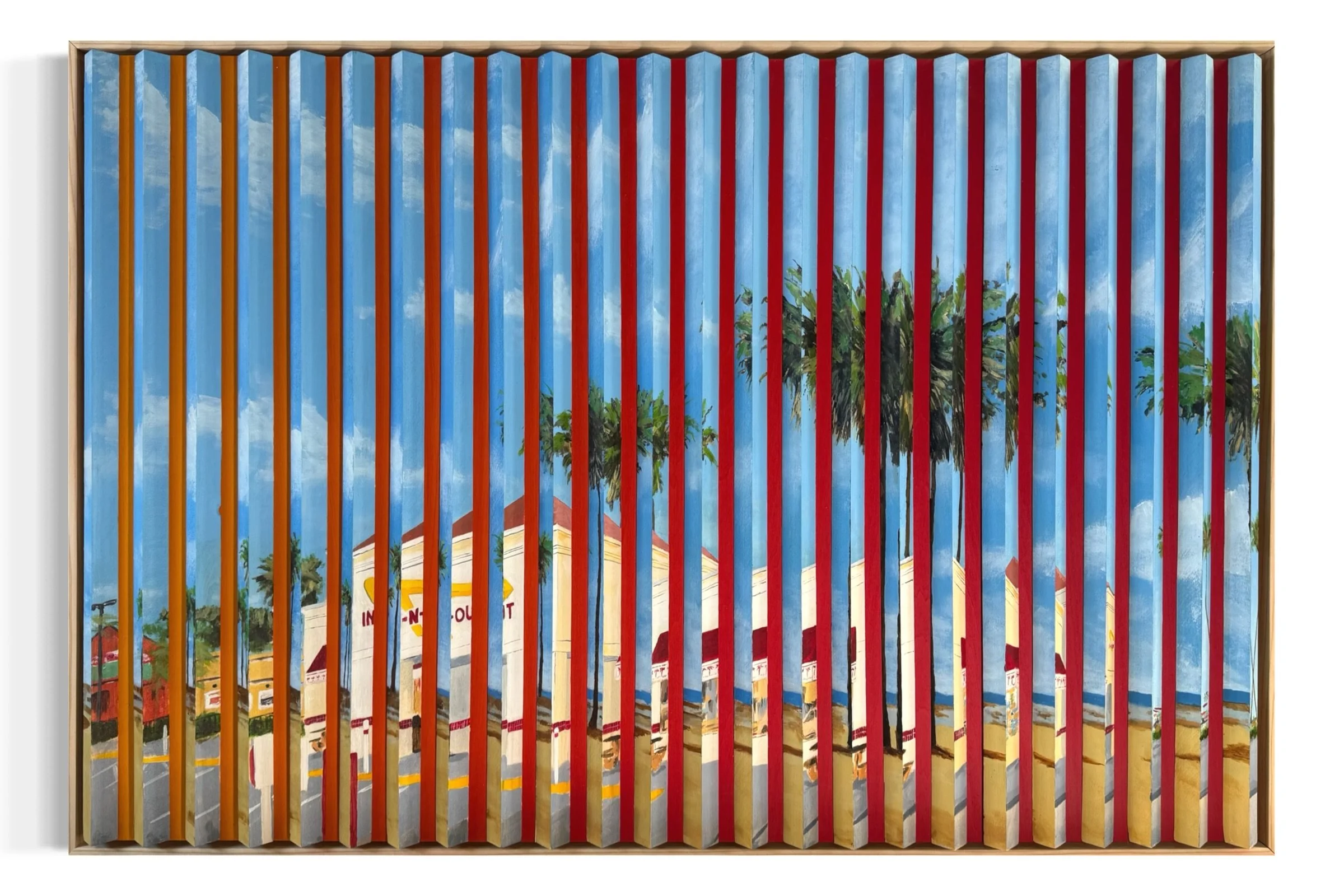&ldquo;DOUBLE DOUBLE, ANIMAL STYLE&rdquo; - 24x36 acrylic on hand cut slats on panel. ✌️
.
.
.
#innnout #beforeandafter #artreveal #landscapepainting
