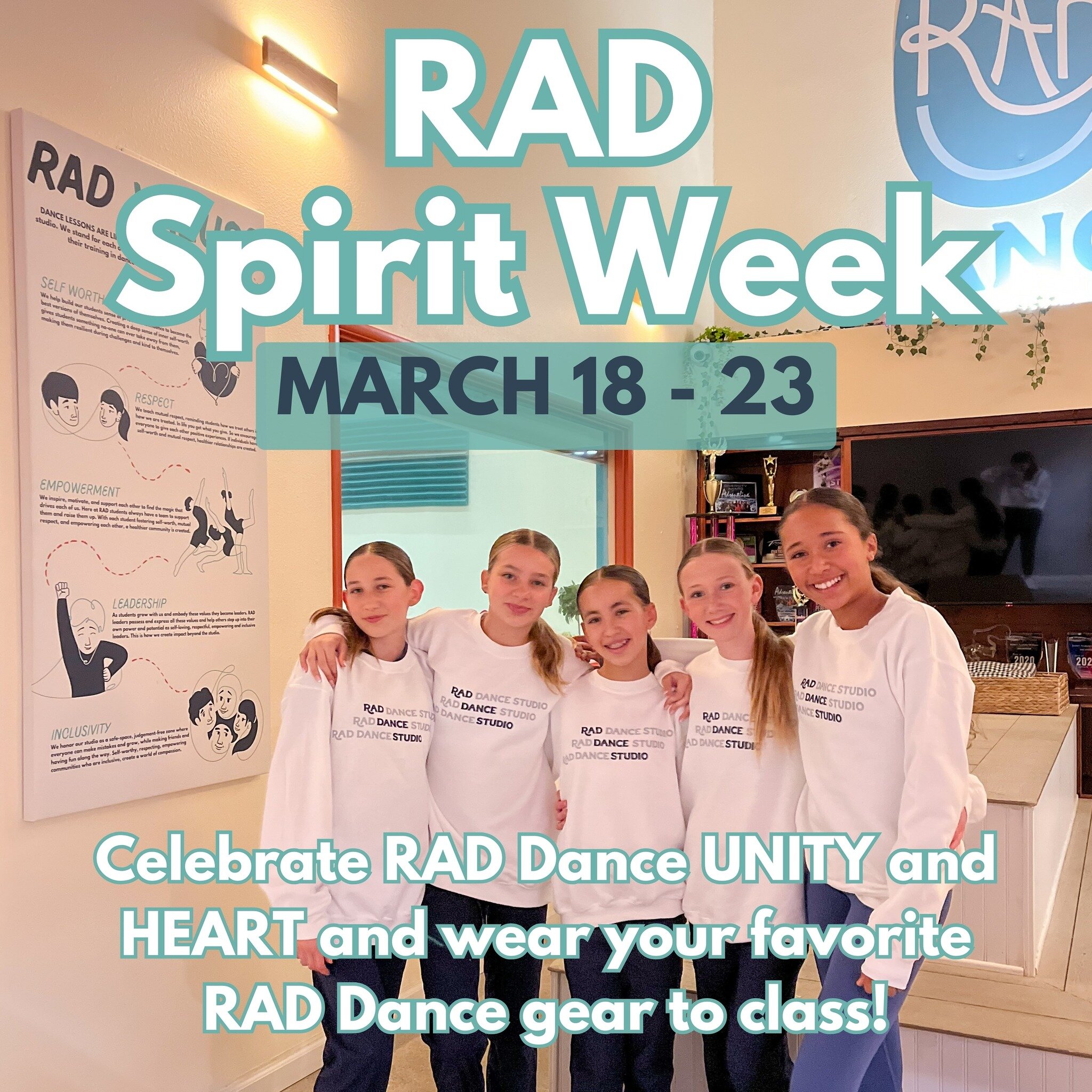 🤩 RAD SPIRIT WEEK STARTS TODAY!

🎉 All classes are invited to participate Monday, March 18 through Saturday, March 23 for our FUN-Tastic spirit week!

🫶🏽 Celebrate RAD Dance UNITY &amp; HEART, and wear your favorite RAD gear to class!