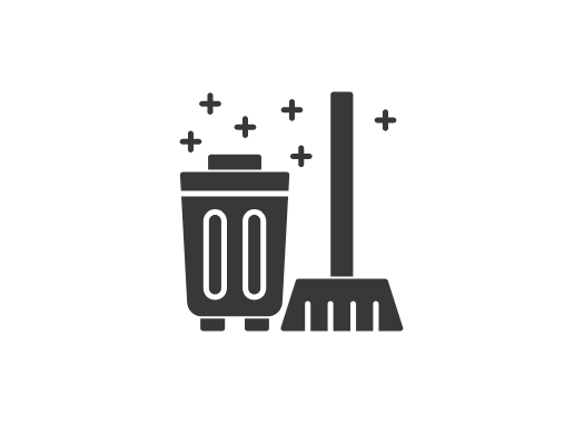 Icon of a trash can and broom, indicating cleaning or garbage collection.
