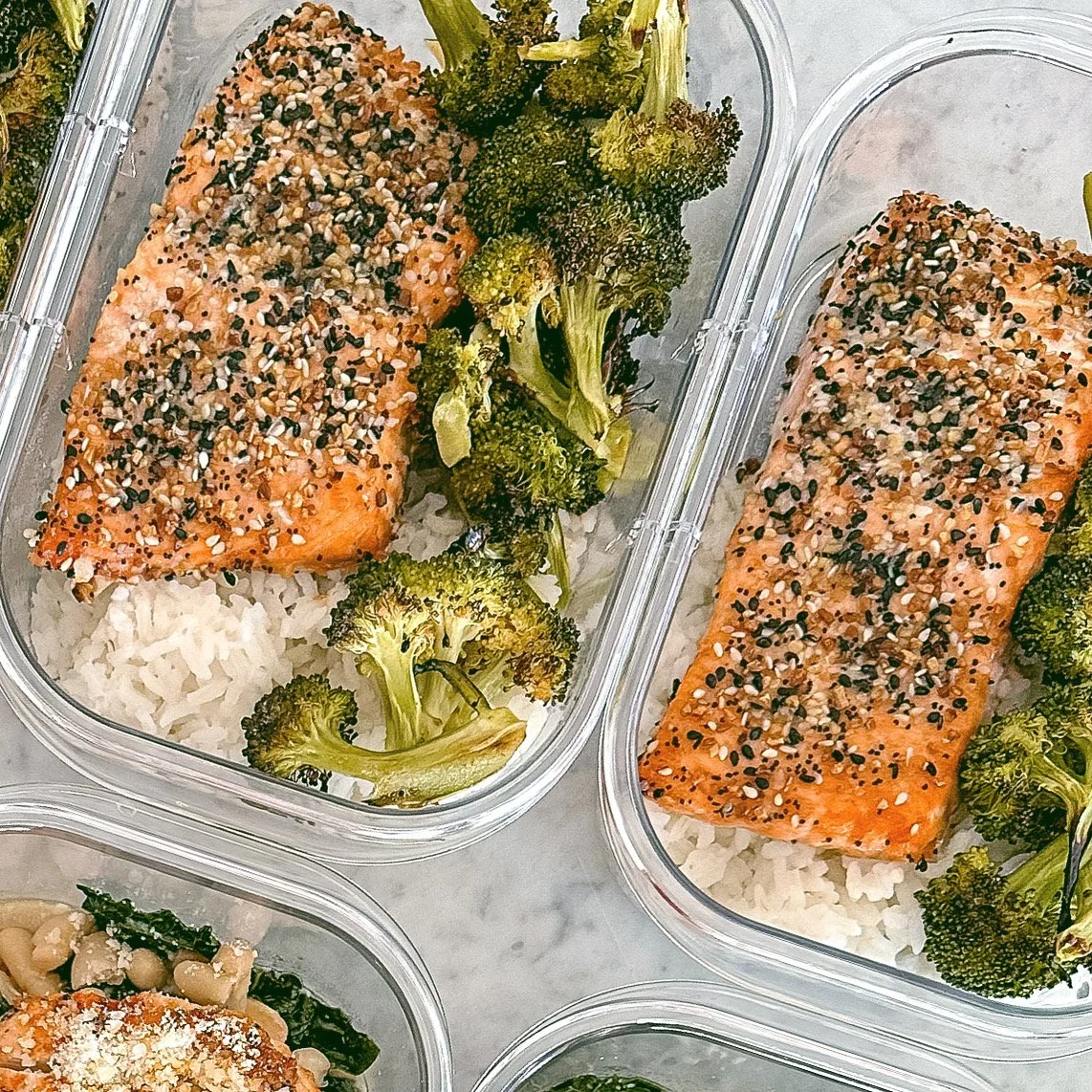 Meal prepped salmon with everything bagel seasoning, a side of rice, and roasted broccoli.