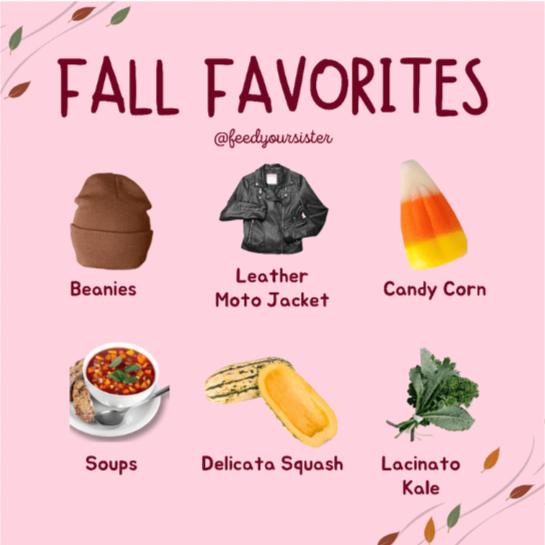 A graphic of fall favorites including clothes, food, and candy.