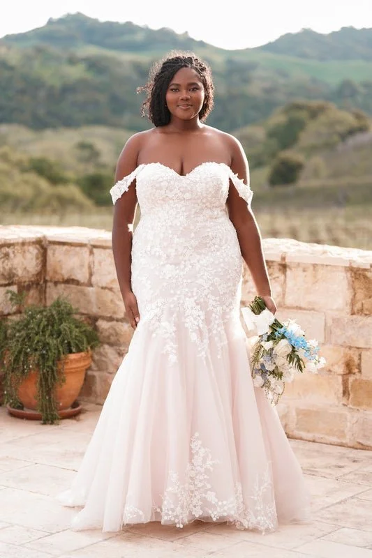 mermaid wedding dress with corset back Beaded Tulle Mermaid Wedding Dresses Off the Shoulder Corset Back 2411 –  Viniodress