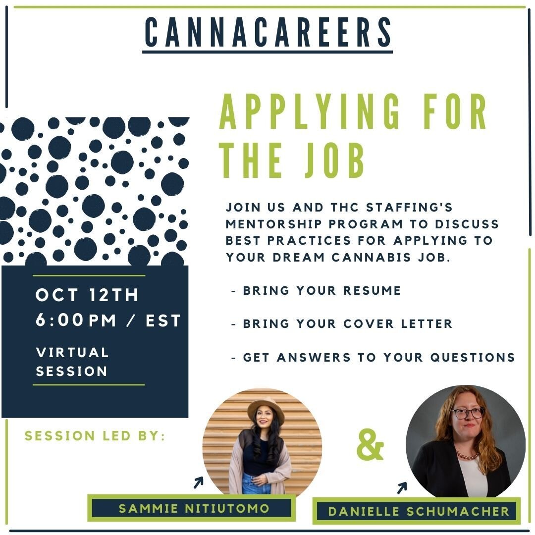 We are so excited to announce our joint session with @thcstaffing's Mentorship Program! During this 45 minute discussion with mentees and mentors, we'll be talking about best practices and sharing our advice on applying for your dream job in cannabis