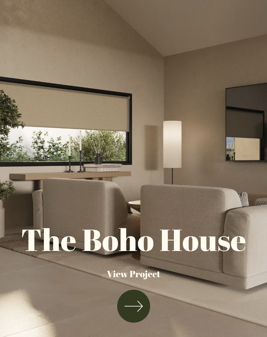 Modern living room with beige sofas, a tall floor lamp, a window with a roller blind, a wall mirror, and decorative candles on a console table.