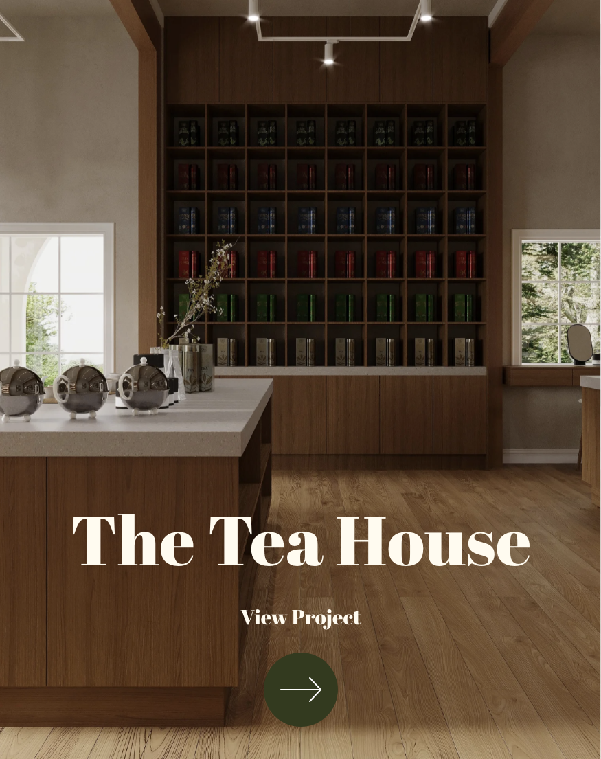Interior of a modern tea house with wooden shelving filled with colorful tea canisters, large windows, and a countertop with teapots and vases with flowers.