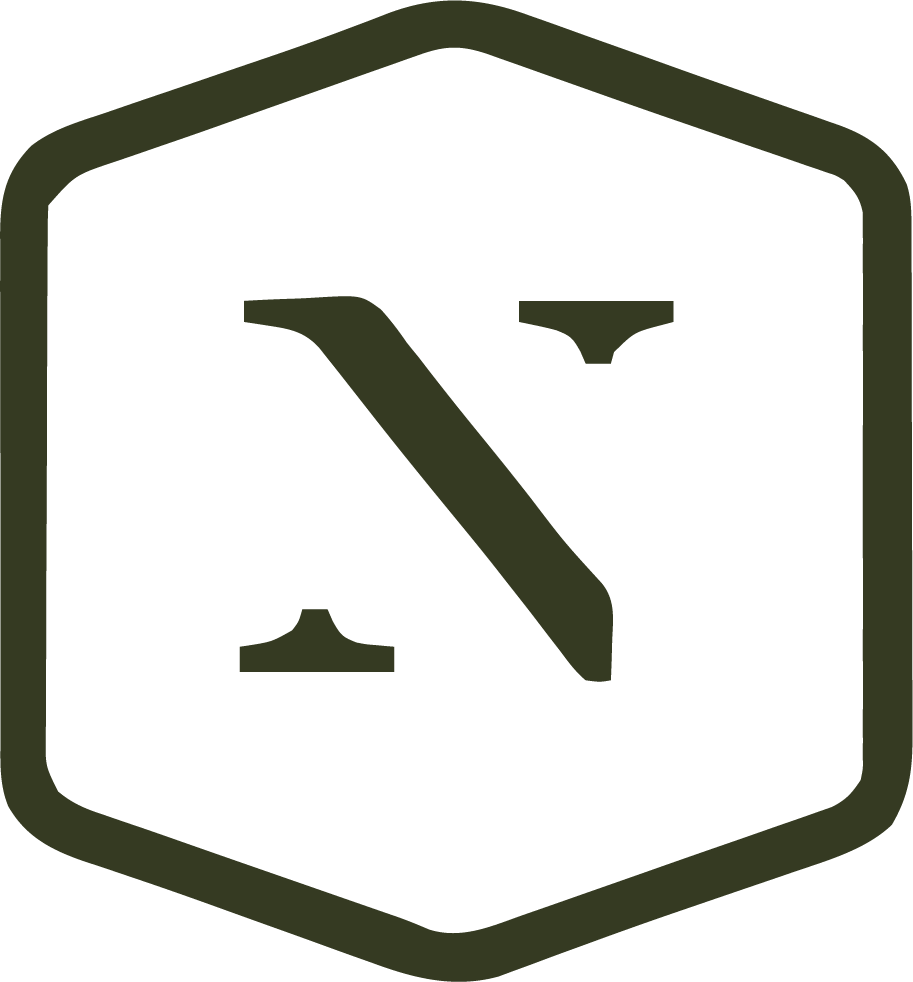 A logo with a hexagon shape and a large letter 'N' in the center, designed with dark green lines.