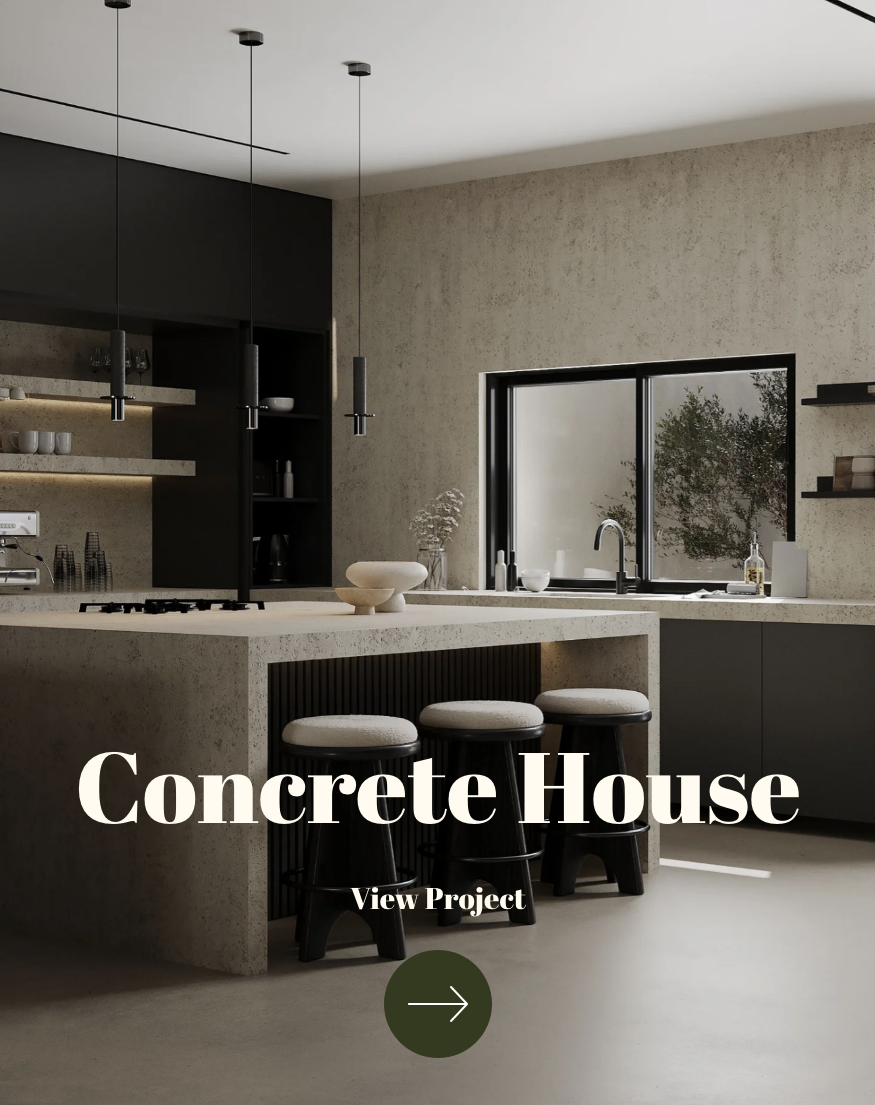 Modern kitchen with concrete countertops, black cabinets, and minimal decor. Three pendant lights hang above the island, which has three stools around it. A window overlooks trees outside.