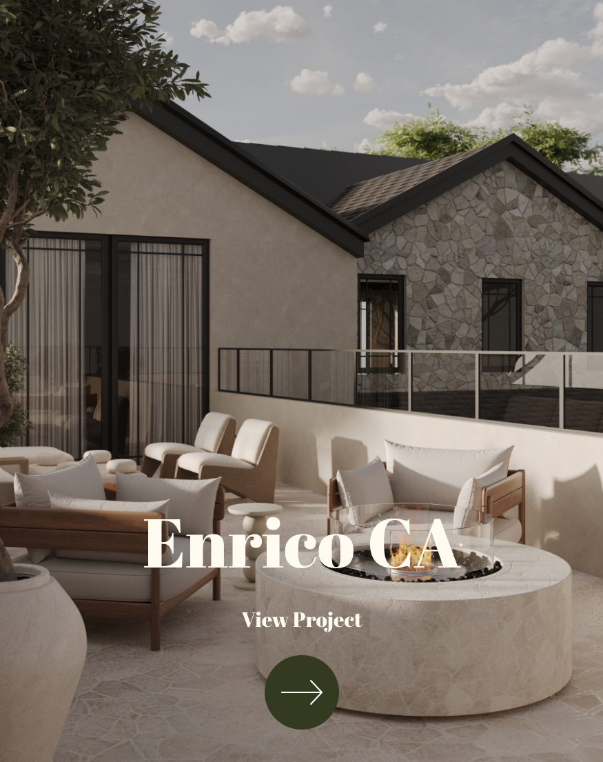 A modern outdoor patio with beige and white furniture, a fire pit, and trees, set against a backdrop of houses with stone and stucco exterior walls under a cloudy sky.
