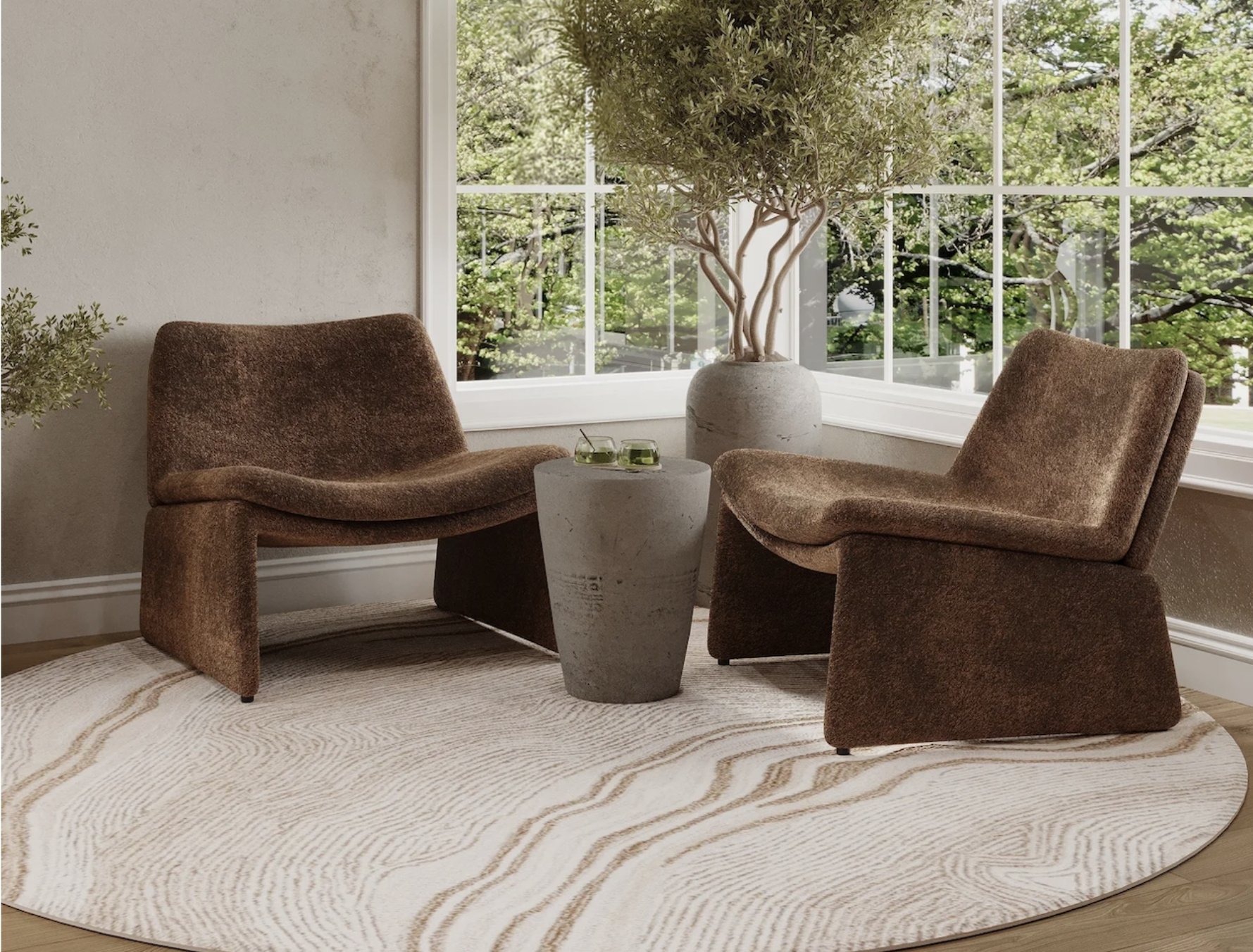 A modern office with a minimalist design, featuring a wooden desk, white and black chairs, bookshelf with books, a piece of abstract art on the wall, and a beige carpet.