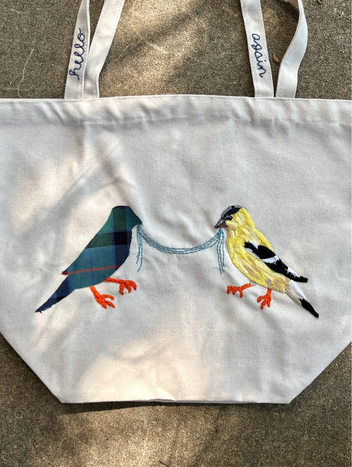 &ldquo;Hello again.&rdquo; Another handmade collaged fabric tote bag. How many times will the American goldfinch appear in my work? The limit does not exist.