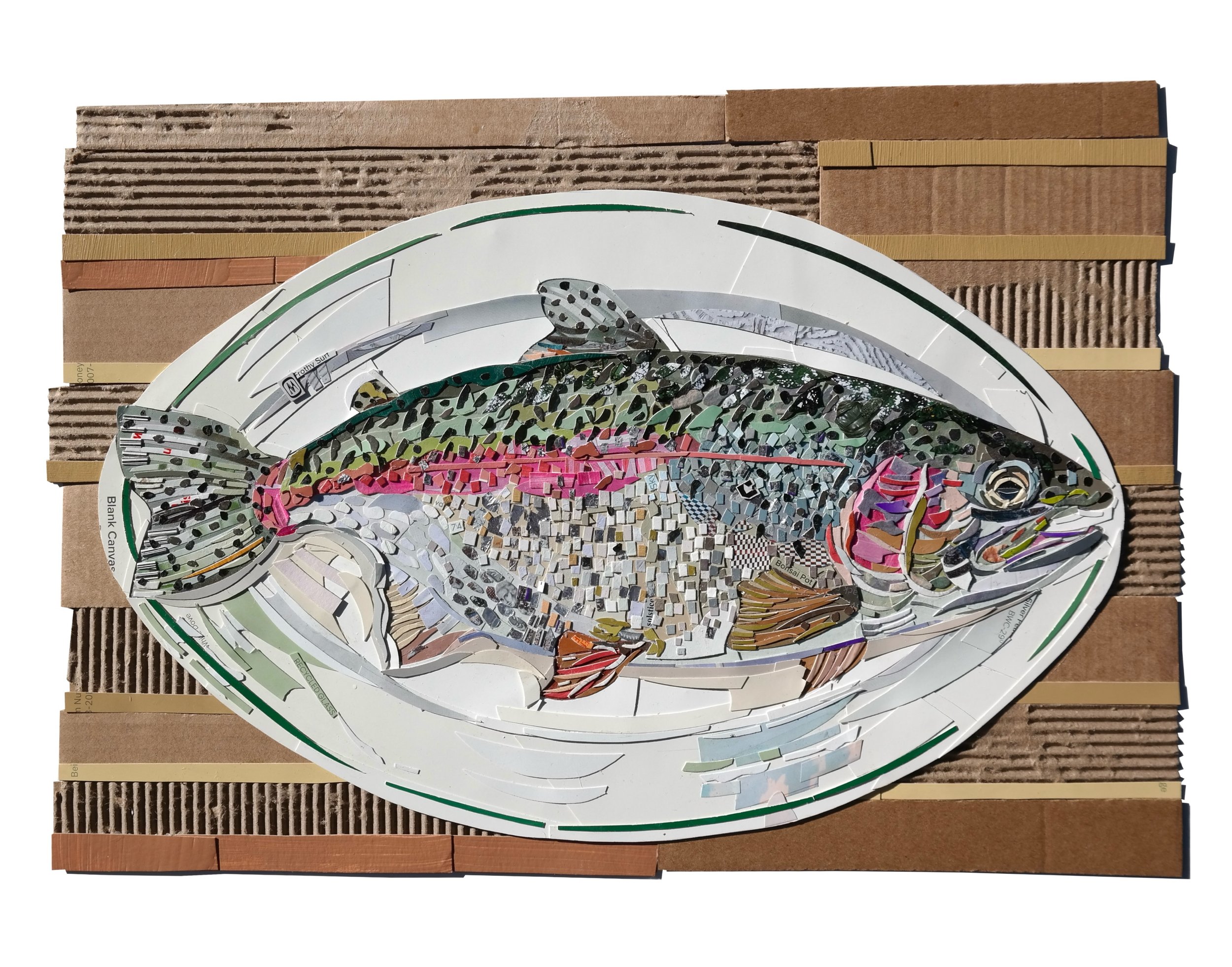 &ldquo;Rainbow Trout.&rdquo; 2026. Mixed media cut-paper collage made with found materials. 

A very special piece done as an artist trade with @paige.barnes.dorsey a little 🐟 for a 🐍. 

What hidden imagery can you find?