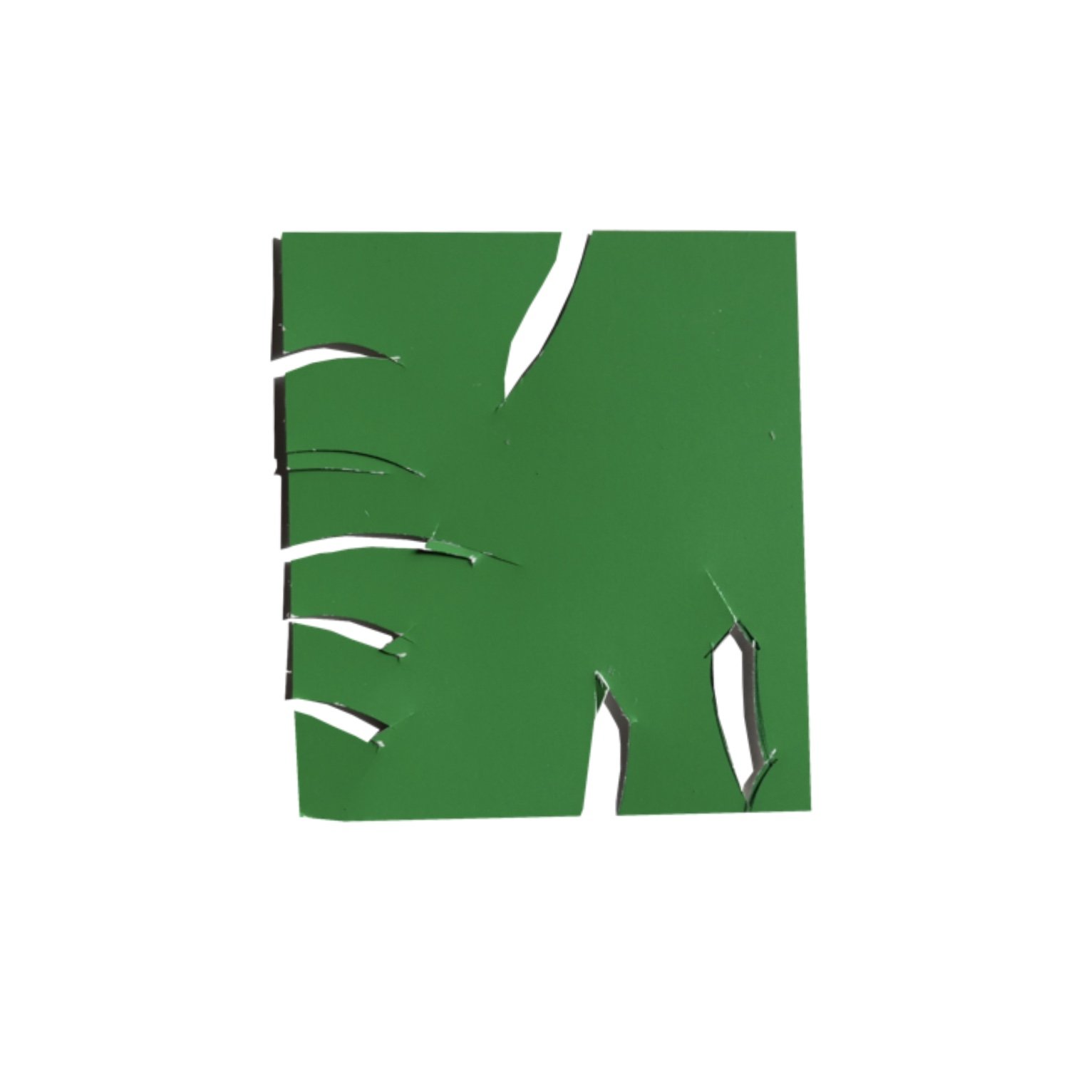 Green torn cardboard with jagged edges, resembling a large leaf or plant shape.