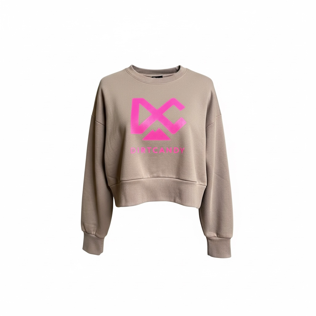 NEW- Next Level Women's Crewneck, Shitake w/ Neon Pink Logo