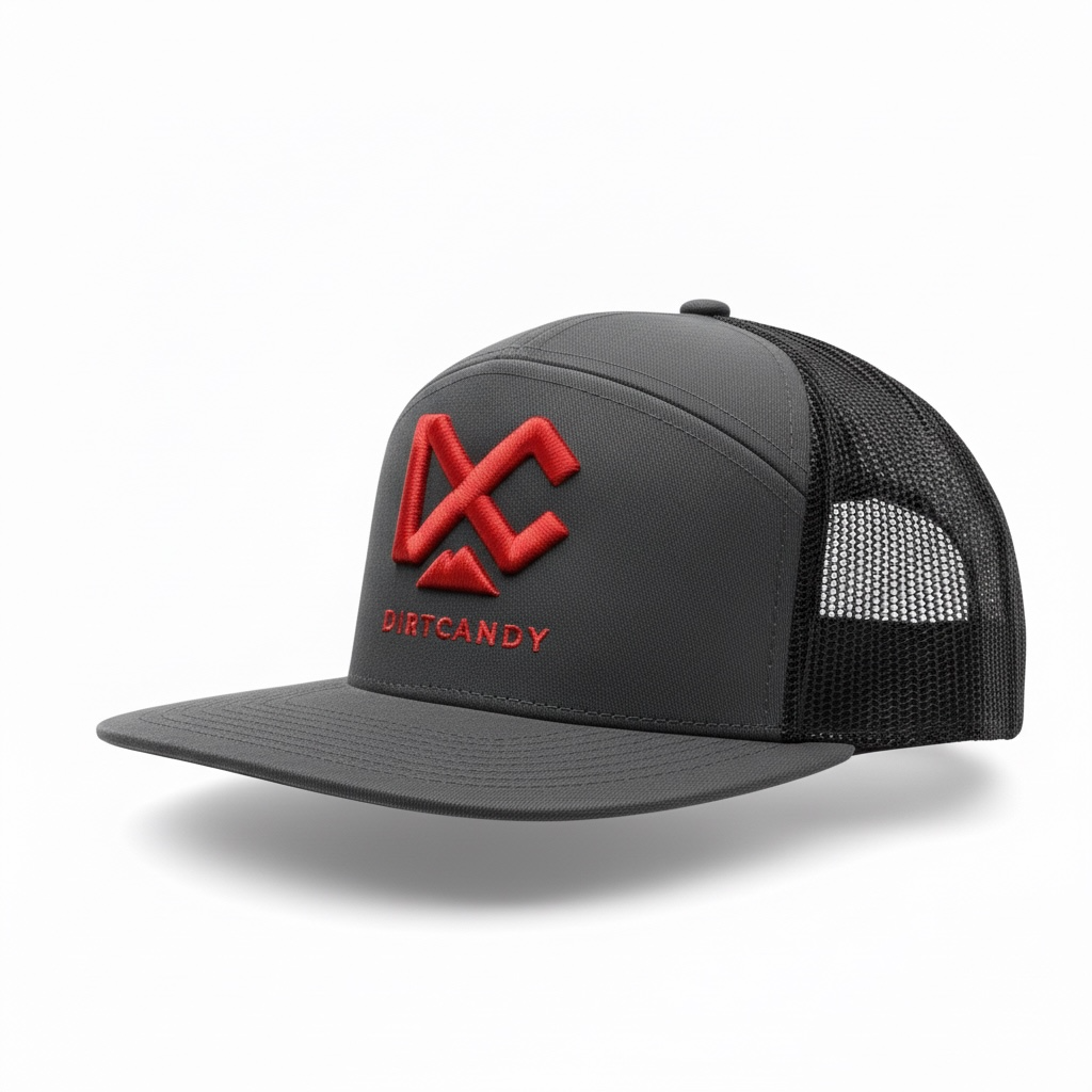 (New) Charcoal / Black w/ Roaring Red Logo, 7 Panel Trucker